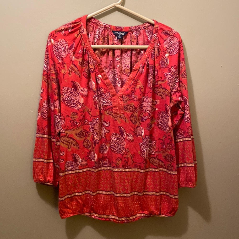 Boho Lucky Brand Red Floral Print Blouse Long Sleeve Size Small Stretch